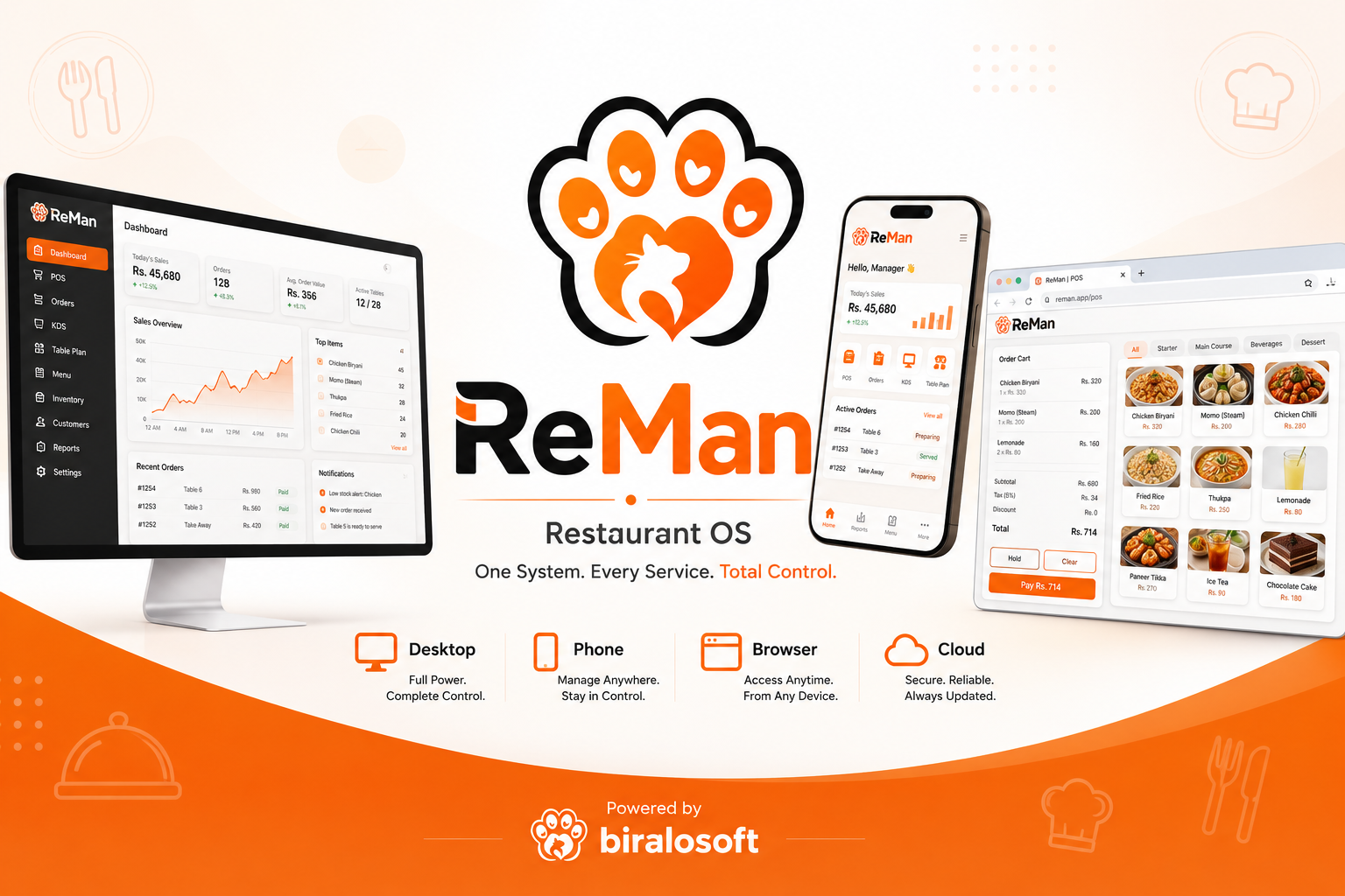 ReMan running on a desktop dashboard, a phone, and a browser point-of-sale screen